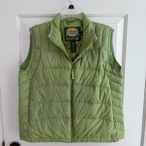Cabelas 650 Goose Down Puffer Vest Womens M Light Green Multiple Pockets